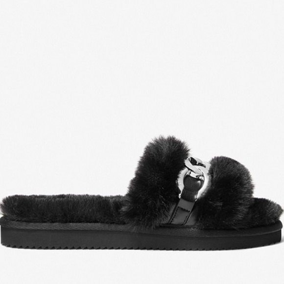 NWOB MICHAEL KORS Scarlett Chain Link Faux Fur Slide Sandal Black Fuzzy Furry - Picture 1 of 10